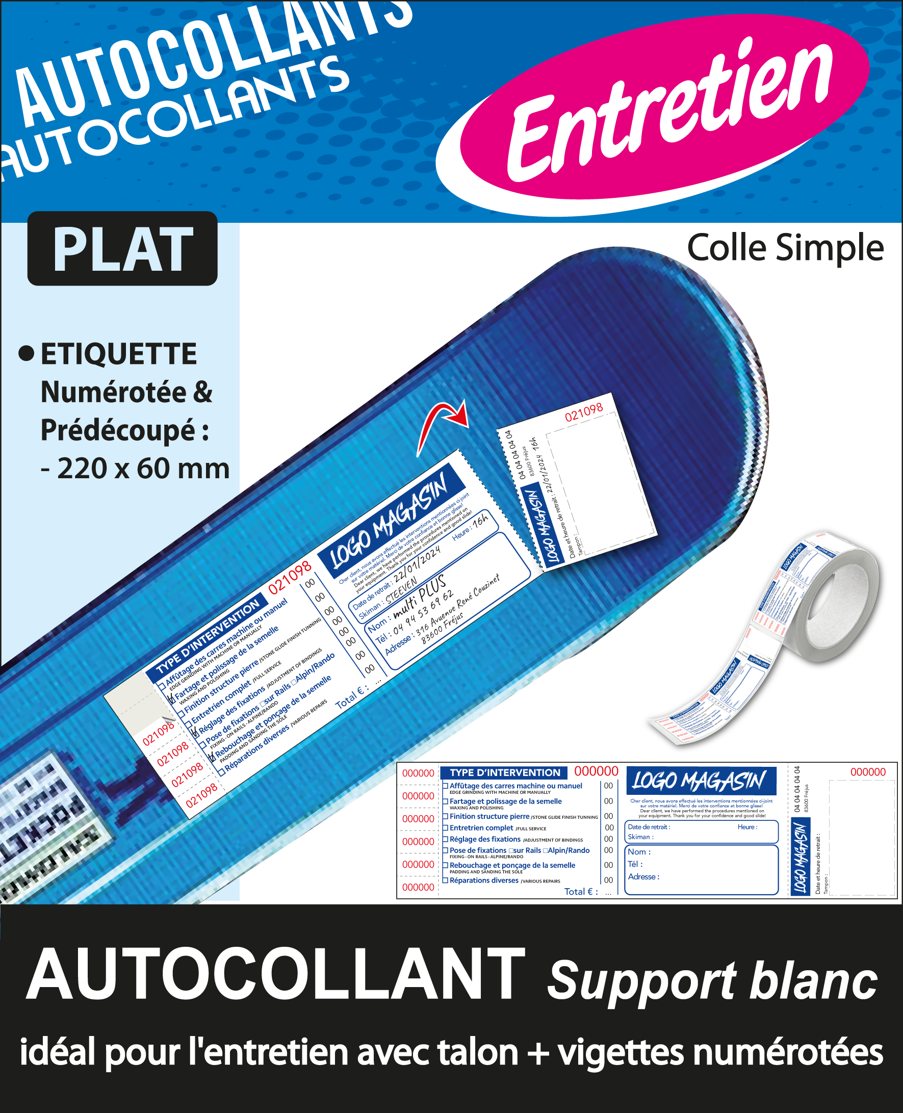 AUTOCOLLANT PLAT
 ETIQUETTE NUMEROTEE ET PREDECOUPE 220 x 60mm